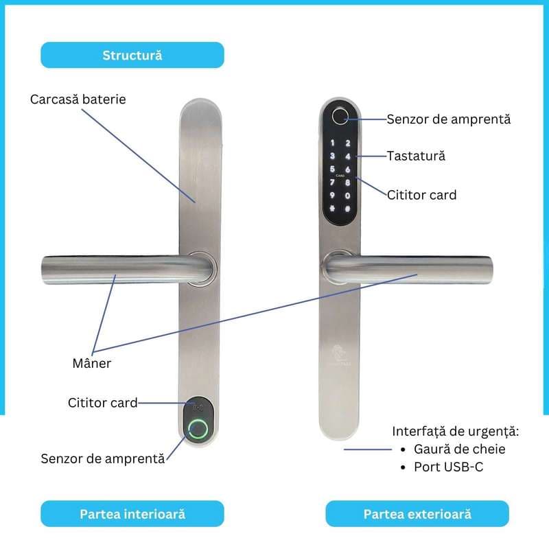MONTE CARLO PLUS SILVER smart lock with fingerprint, Bluetooth, WiFi, PIN, RFID card, key 3