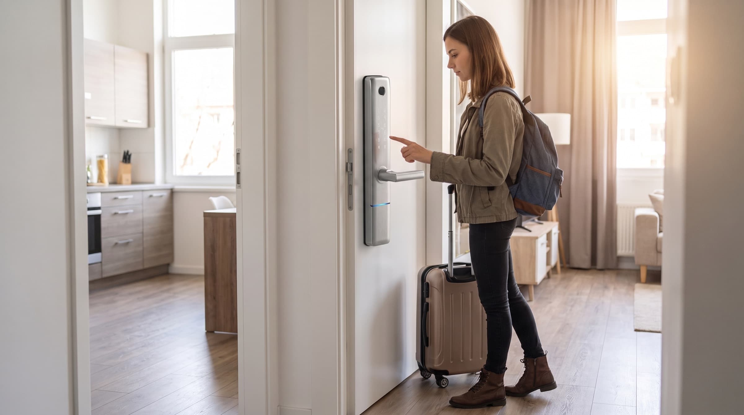 Traveller with a suitcase touching the keypad of an apartment's smart lock