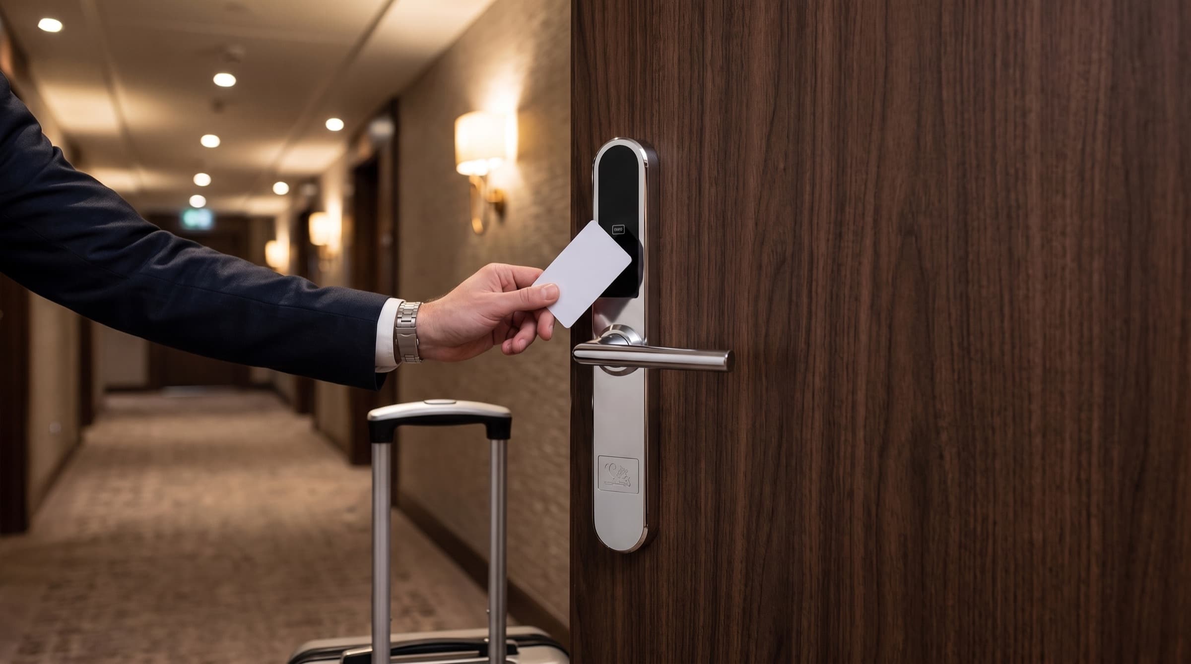 Guest opening a hotel room door fitted with a Smartpass GENEVA lock using a key card