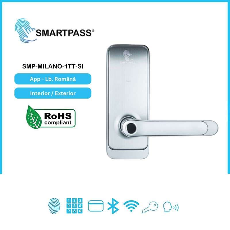 MILANO SILVER încuietoare smart cu amprentă, Bluetooth, WiFi, cod PIN, card RFID, cheie