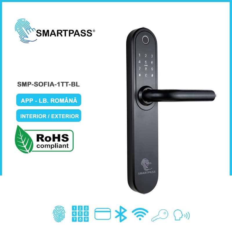 SOFIA BLACK smart lock with fingerprint, Bluetooth, WiFi, PIN, RFID card, key