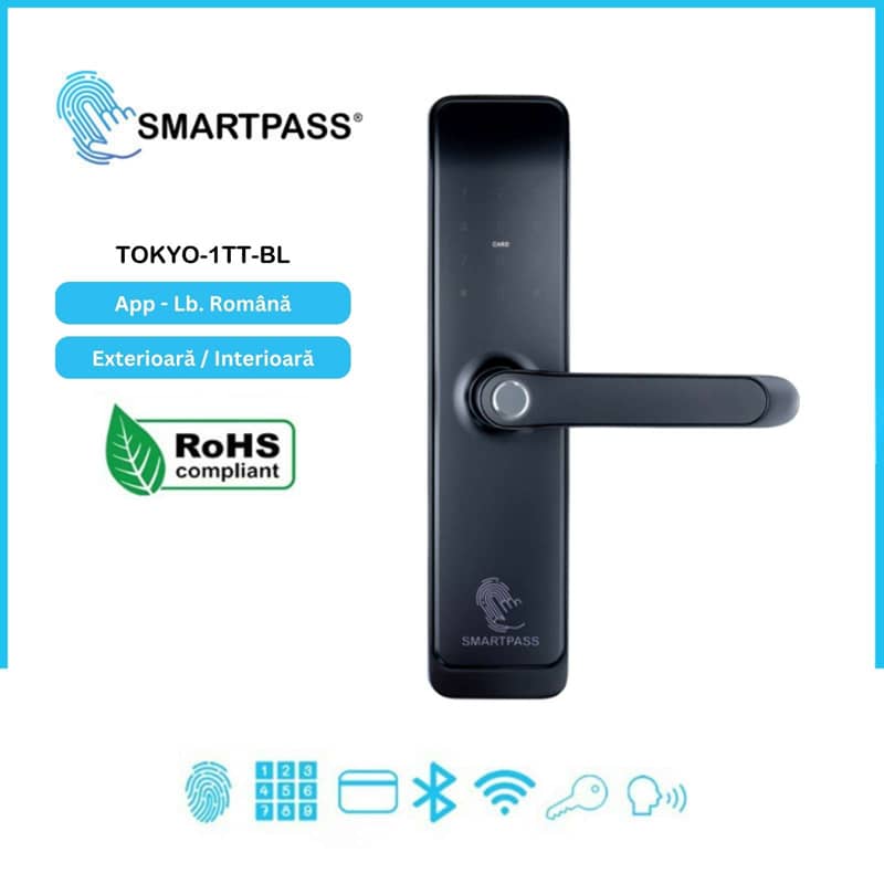 TOKYO WiFi BLACK încuietoare smart cu amprentă, Bluetooth, WiFi, cod PIN, card RFID, cheie