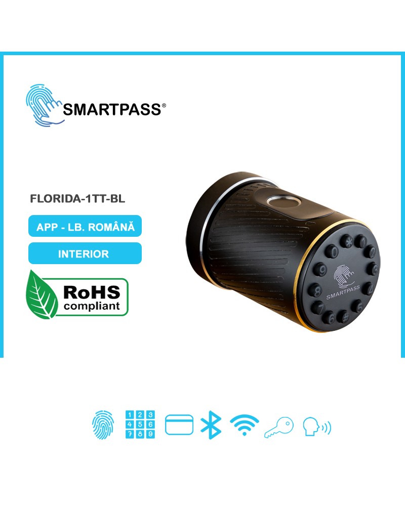 FLORIDA BLACK încuietoare smart cu amprentă, Bluetooth, WiFi, cod PIN, card RFID, cheie