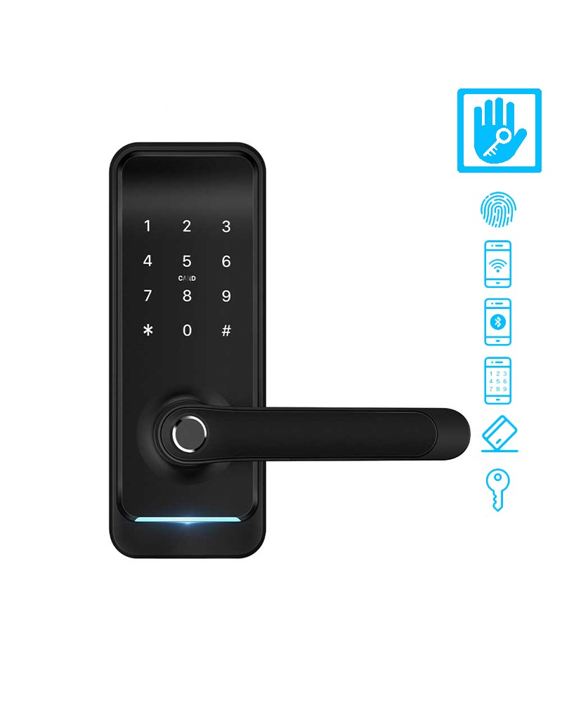 MILANO BLACK Incuietoare smart cu amprentă, Bluetooth, WiFi, cod PIN, card RFID, cheie
