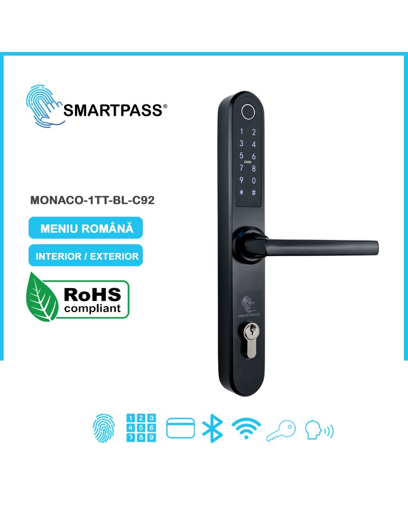 MONACO BLACK C92 yala smart cu amprentă, Bluetooth, WiFi, cod PIN, card RFID, cheie