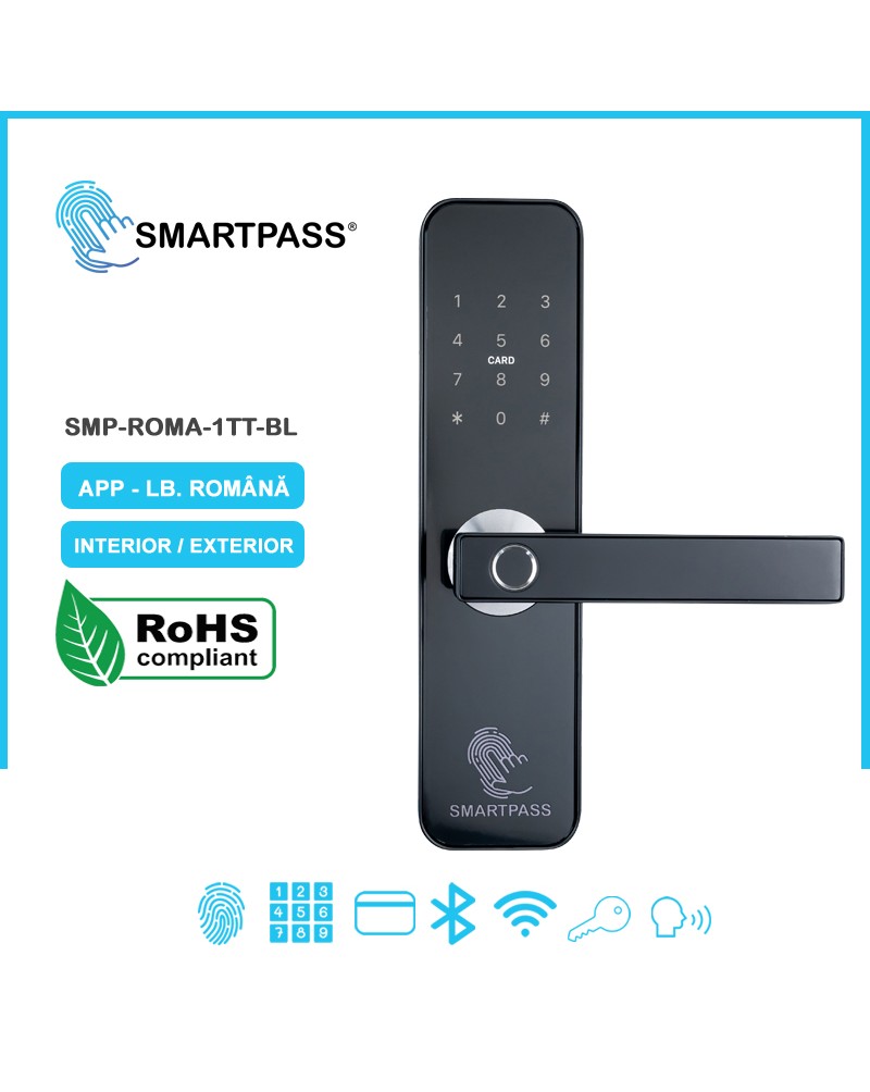 ROMA BLACK încuietoare smart cu amprentă, Bluetooth, WiFi, cod PIN, card RFID, cheie