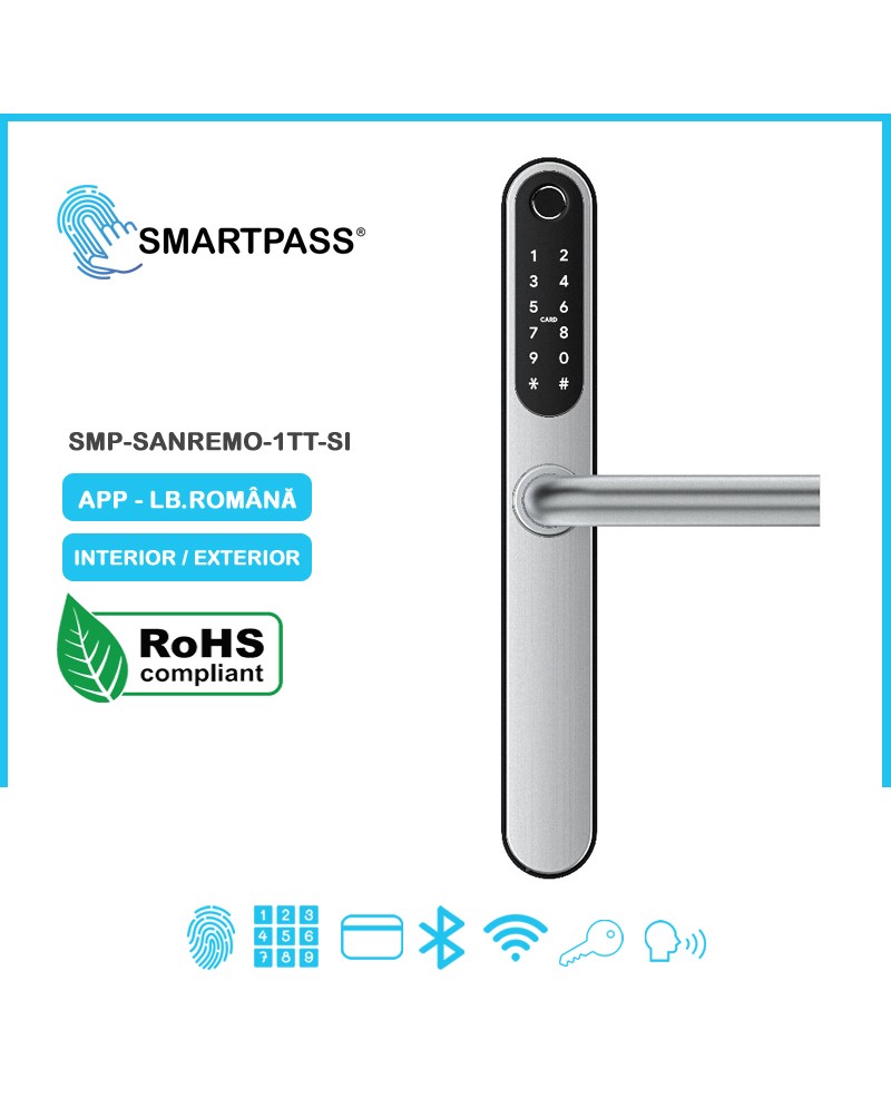 SANREMO SILVER încuietoare inteligentă cu amprentă, Bluetooth, WiFi, PIN, card RFID, cheie