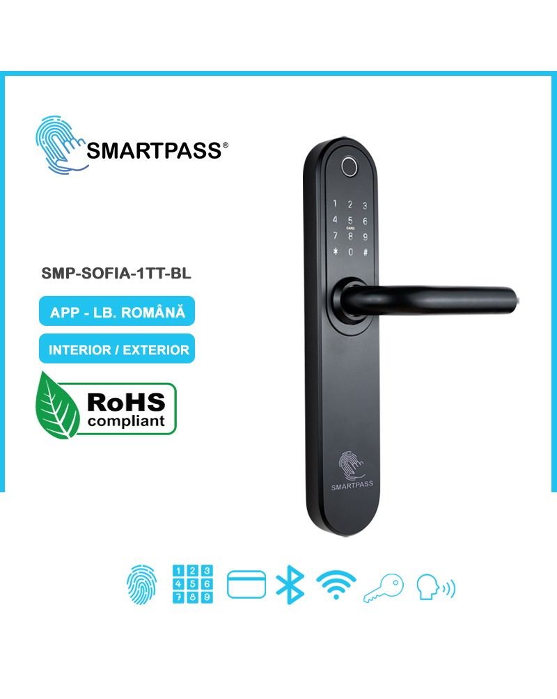 SOFIA BLACK încuietoare inteligentă cu amprentă, Bluetooth, WiFi, PIN, card RFID, cheie