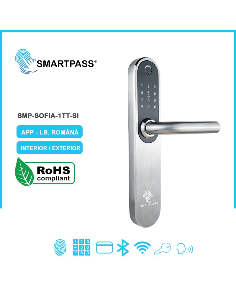 SOFIA SILVER încuietoare inteligentă cu amprentă, Bluetooth, WiFi, PIN, card RFID, cheie