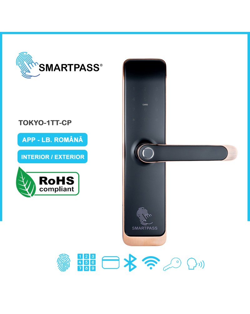TOKYO COPPER încuietoare smart cu amprentă, Bluetooth, WiFi, cod PIN, card RFID, cheie