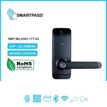 MILANO BLACK încuietoare smart cu amprentă, Bluetooth, WiFi, cod PIN, card RFID, cheie