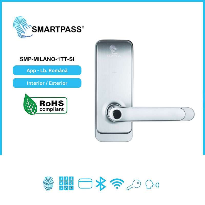 MILANO SILVER încuietoare smart cu amprentă, Bluetooth, WiFi, cod PIN, card RFID, cheie