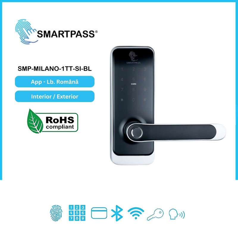 MILANO SILVER-BLACK încuietoare smart cu amprentă, Bluetooth, WiFi, cod PIN, card, cheie