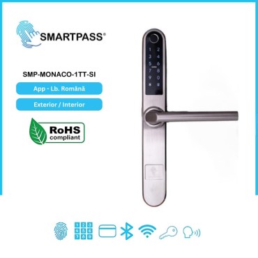 MONACO SILVER încuietoare inteligentă cu amprentă, Bluetooth, WiFi, PIN, card RFID, cheie