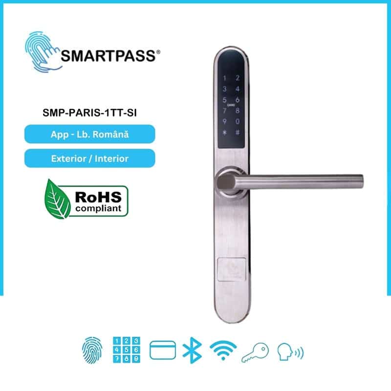 PARIS SILVER încuietoare inteligentă cu Bluetooth, WiFi, PIN, card RFID, cheie