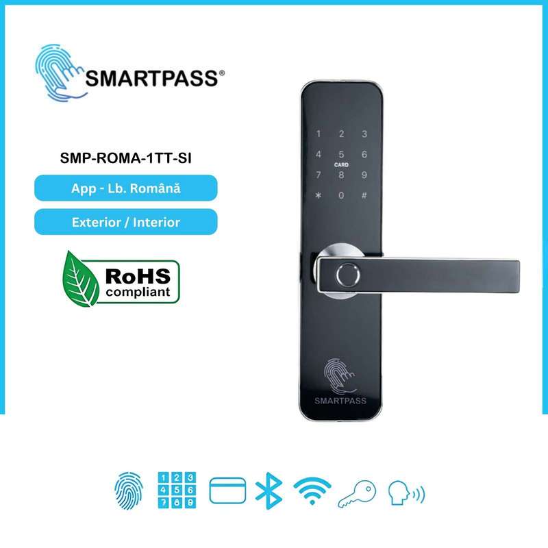 ROMA SILVER încuietoare smart cu amprentă, Bluetooth, WiFi, cod PIN, card RFID, cheie