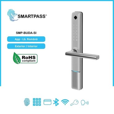 BUDAPEST SILVER încuietoare smart cu amprentă, Bluetooth, WiFi, cod PIN, card RFID, cheie