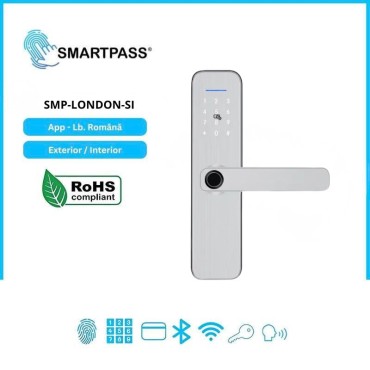 LONDON SILVER încuietoare smart cu amprentă, Bluetooth, WiFi, cod PIN, card RFID, cheie