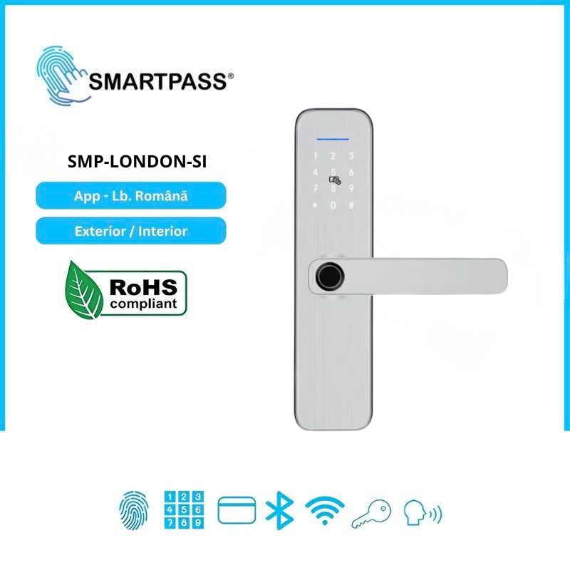 LONDON SILVER încuietoare smart cu amprentă, Bluetooth, WiFi, cod PIN, card RFID, cheie LONDON SILVER încuietoare smart cu amprentă, Bluetooth, WiFi, cod PIN, card RFID, cheie