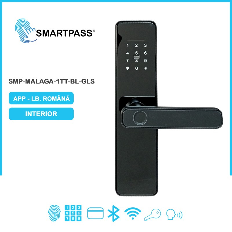 MALAGA GLS BLACK, yală smart cu placă frontală de sticlă, negru
