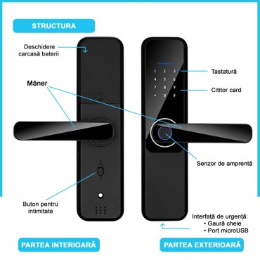MALAGA GLS BLACK, yală smart cu placă frontală de sticlă, negru