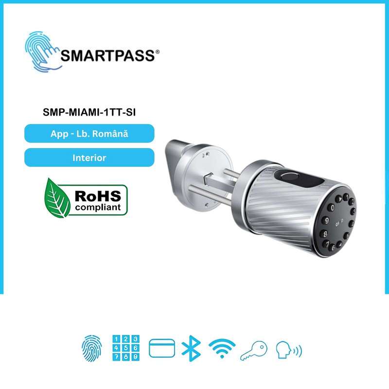 MIAMI SILVER încuietoare smart cu amprentă, Bluetooth, WiFi, cod PIN, card RFID, cheie