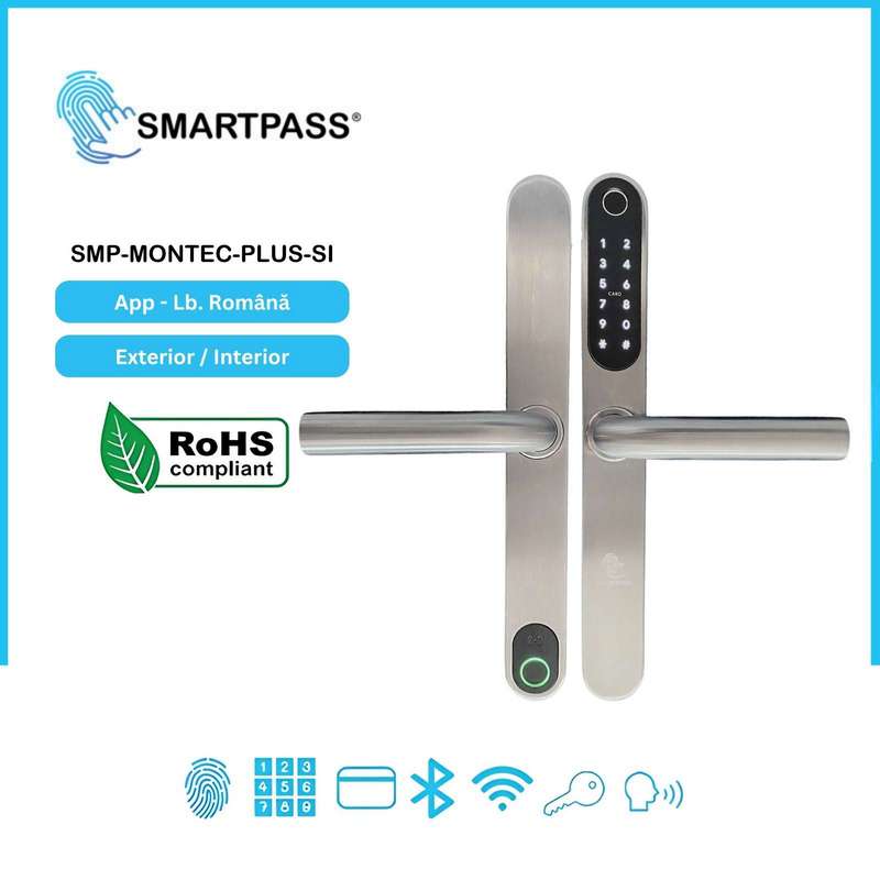 MONTE CARLO PLUS SILVER încuietoare inteligentă cu amprentă, Bluetooth, WiFi, PIN, card RFID, cheie
