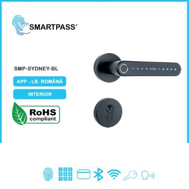 SYDNEY BLACK încuietoare smart cu amprentă, Bluetooth, WiFi, cod PIN, card RFID, cheie